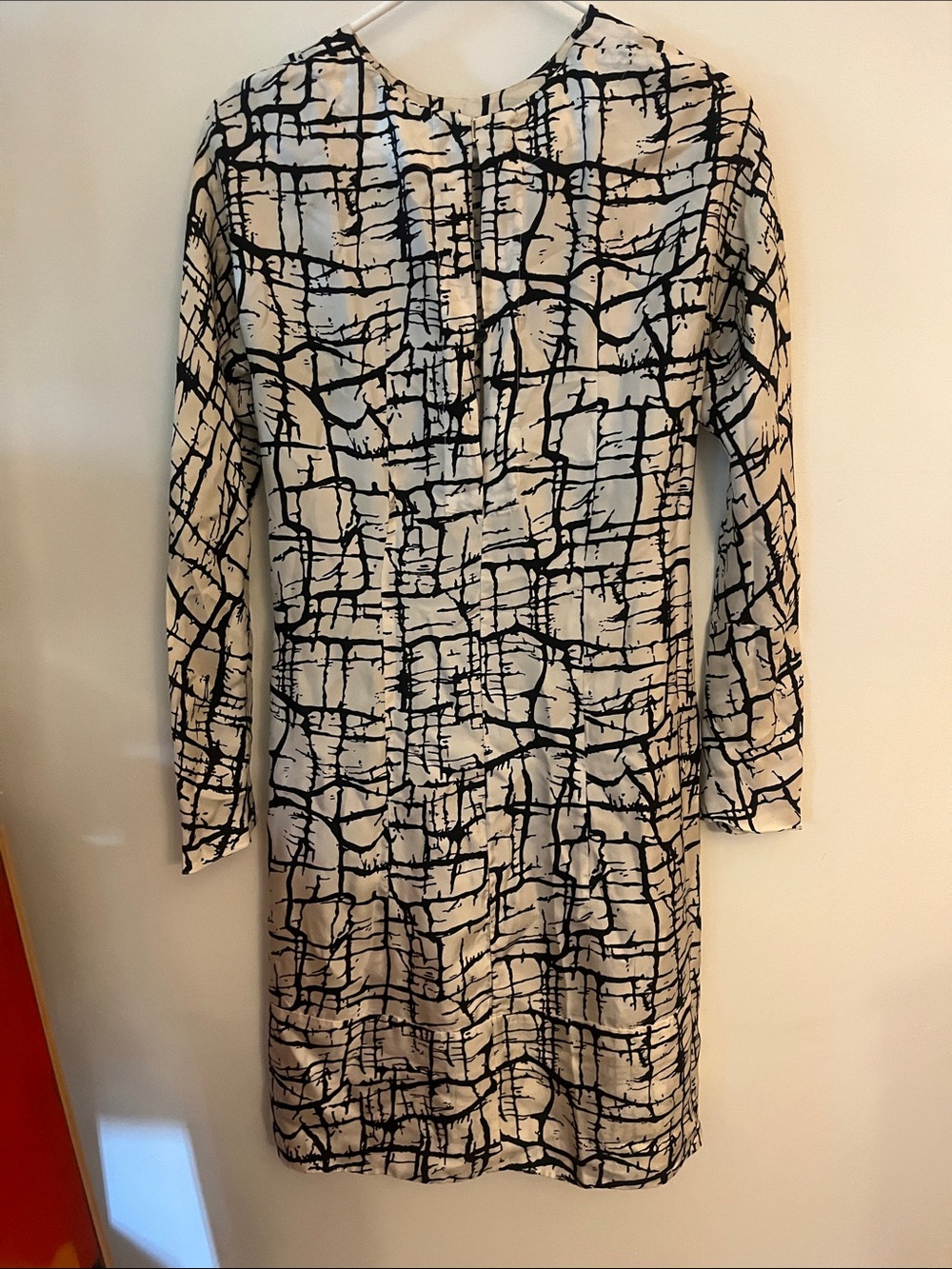 Marni Cream and Black Long-Sleeve Abstract Grid Shift Dress